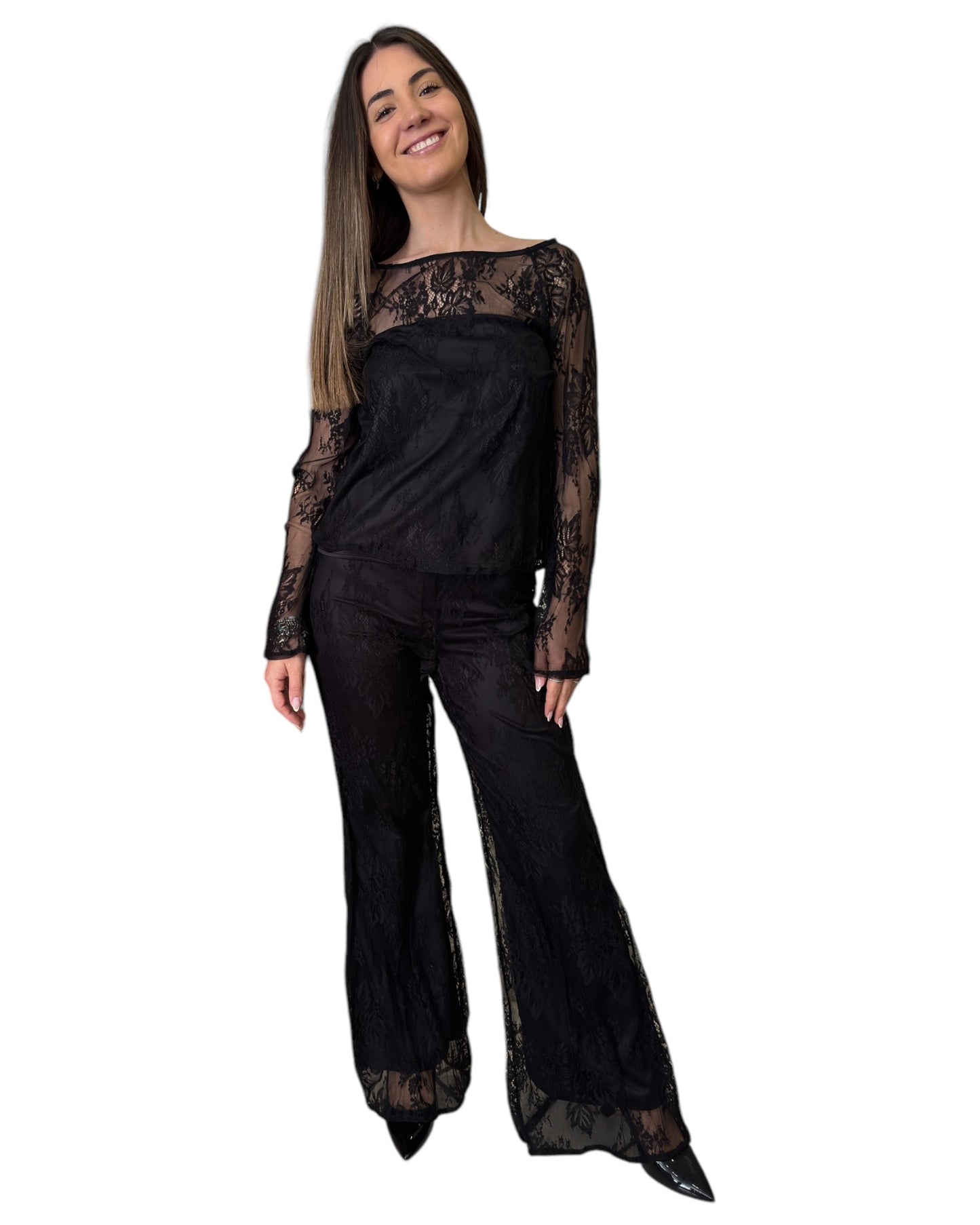 Blusa in pizzo con top fascia in raso Kontatto