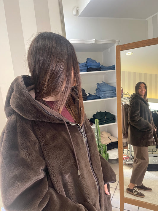 Giacca Eco montone reversibile Eco pelliccia con cappuccio Azulè